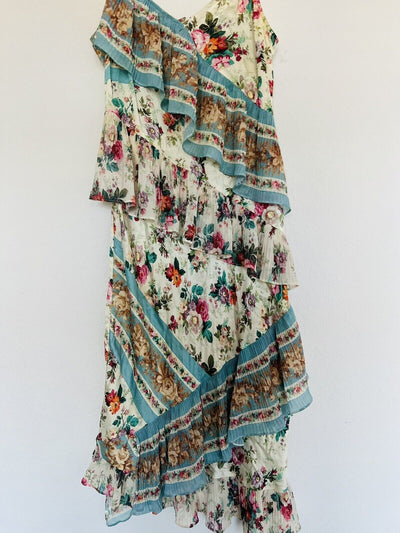 REFORMATION AMUR Silk Floral Slip Dress Sz 12 Asymmetrical Pleated Ruffle