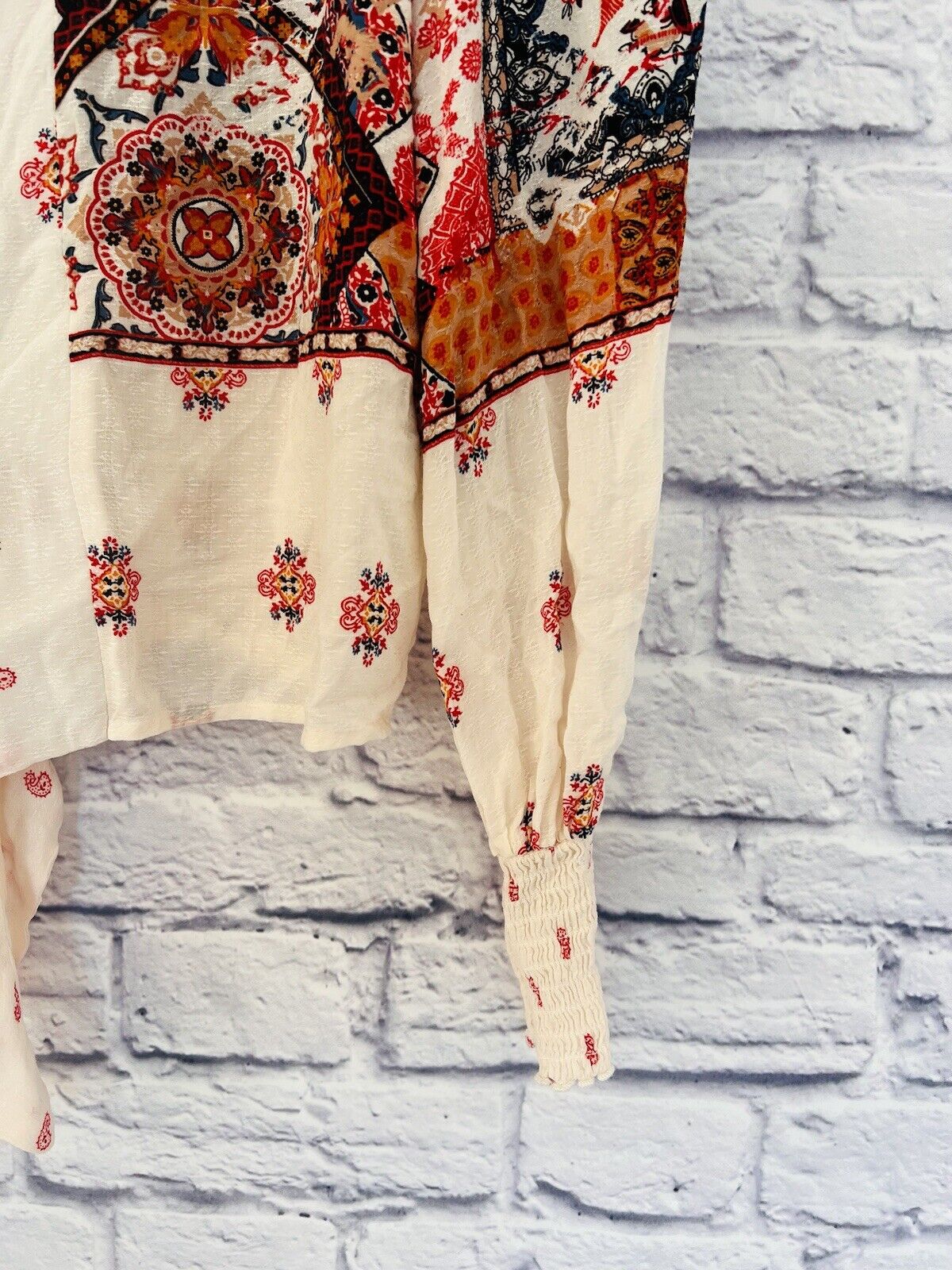 ALTAR’D STATE Womens Printed Blouse Button Up Sz S Tie Bottom Smocked Sleeve Top