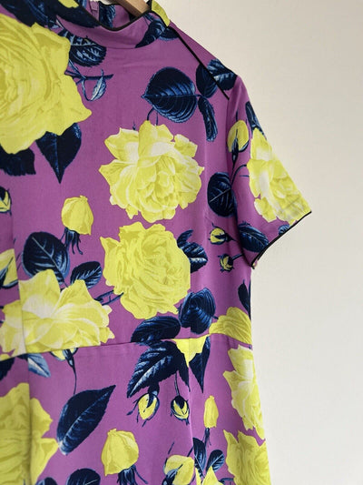 ASOS Purple/YellowFloral Dress Sz 10 High Neck Zip Back Short Sleeve