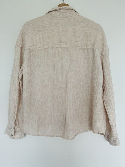 TAHARI 100% Linen Button Up Top Tan European Flax Lightweight Boxy Relaxed Boho