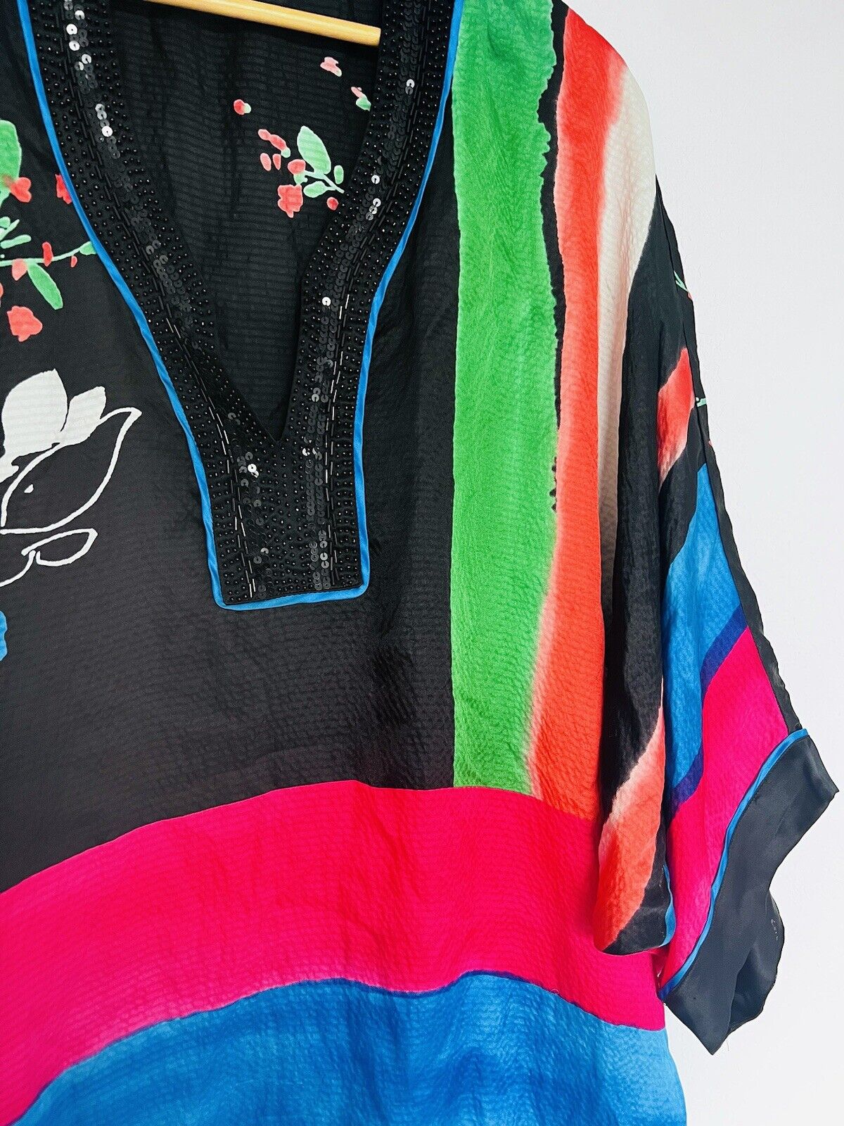 BEBE 100% Silk Embellished Tunic Dress  Sz MColorful Bat Sleeves Flowy Artsy 90s