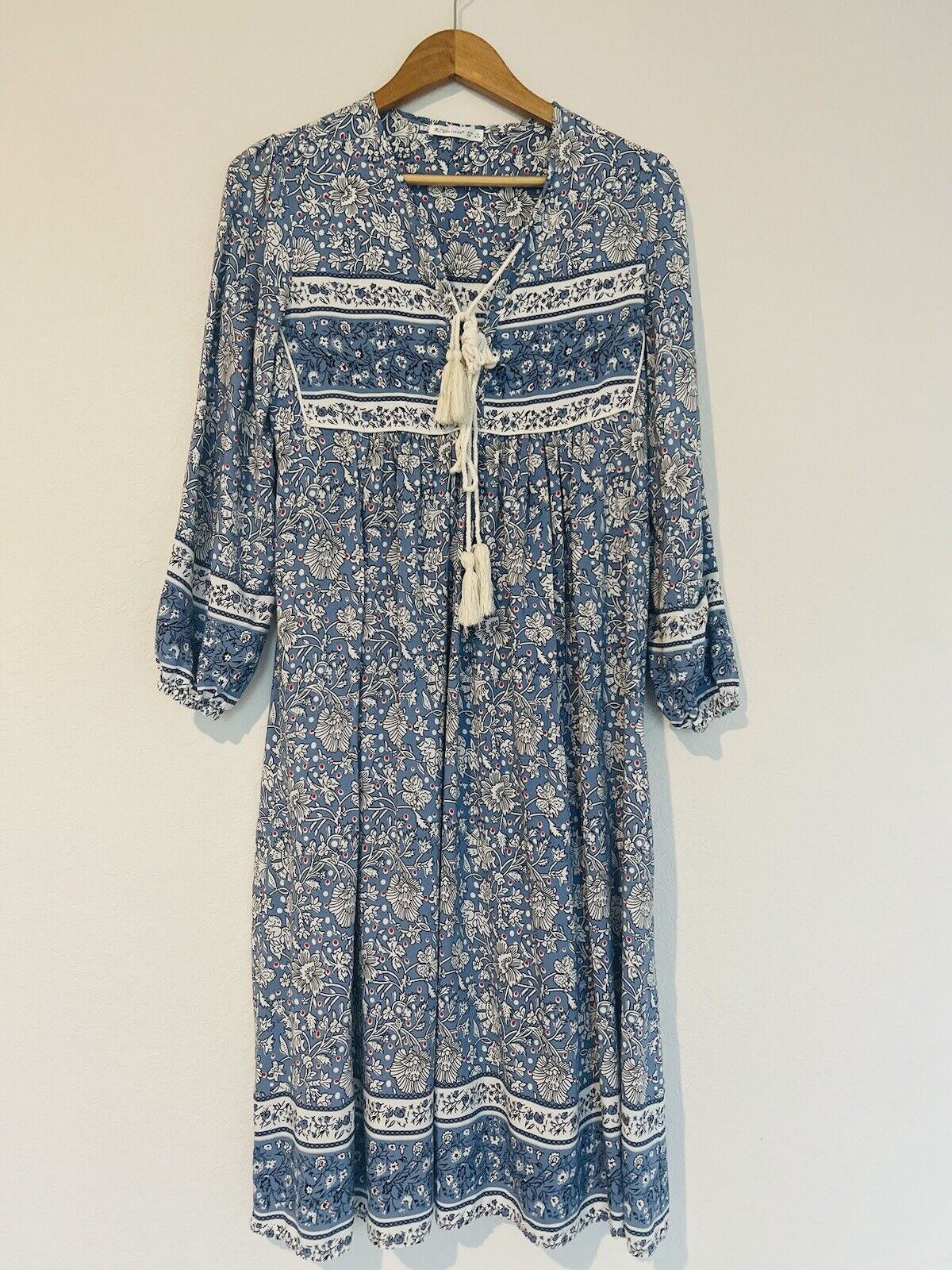 R.Vivimos Boho Dress Long Sleeve Tassel Midi Relaxed Fit Floral Blue Size S 4/6