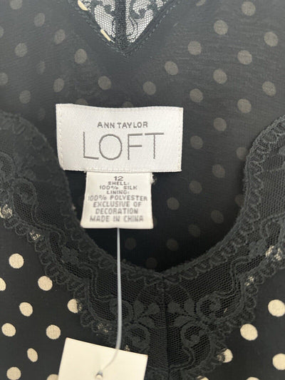 LOFT NWT 100% Silk Polka Dot Lace Top Sz 12 Babydoll Lined Cami Y2K Office
