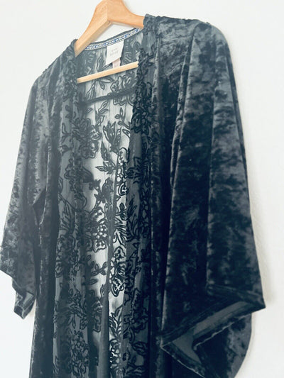KNOX ROSE Floral Velvet Kimono Sz M/L Flocked Burnout Witchy Whimsigoth Boho