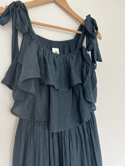 ANTHROPOLOGIE Blue Tie Neck Maxi Full Dress Sz M Tie Shoulders Western Boho