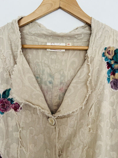 PAPER LACE Floral Design Shirt Jacket Sz 2X Duster Button Ruffle Boho Lagenlook