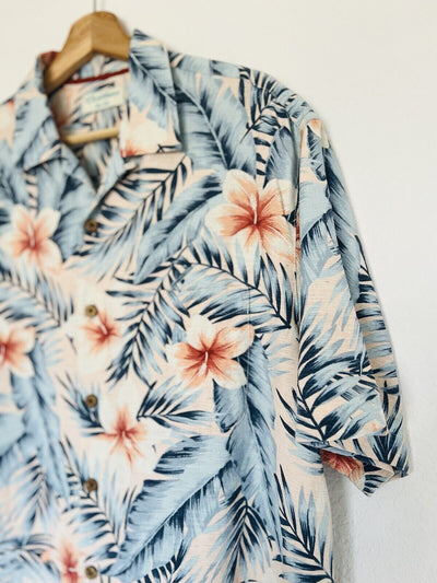 Caribbean Pure Silk Hawaiian Shirt 100% Silk Sz L Blue