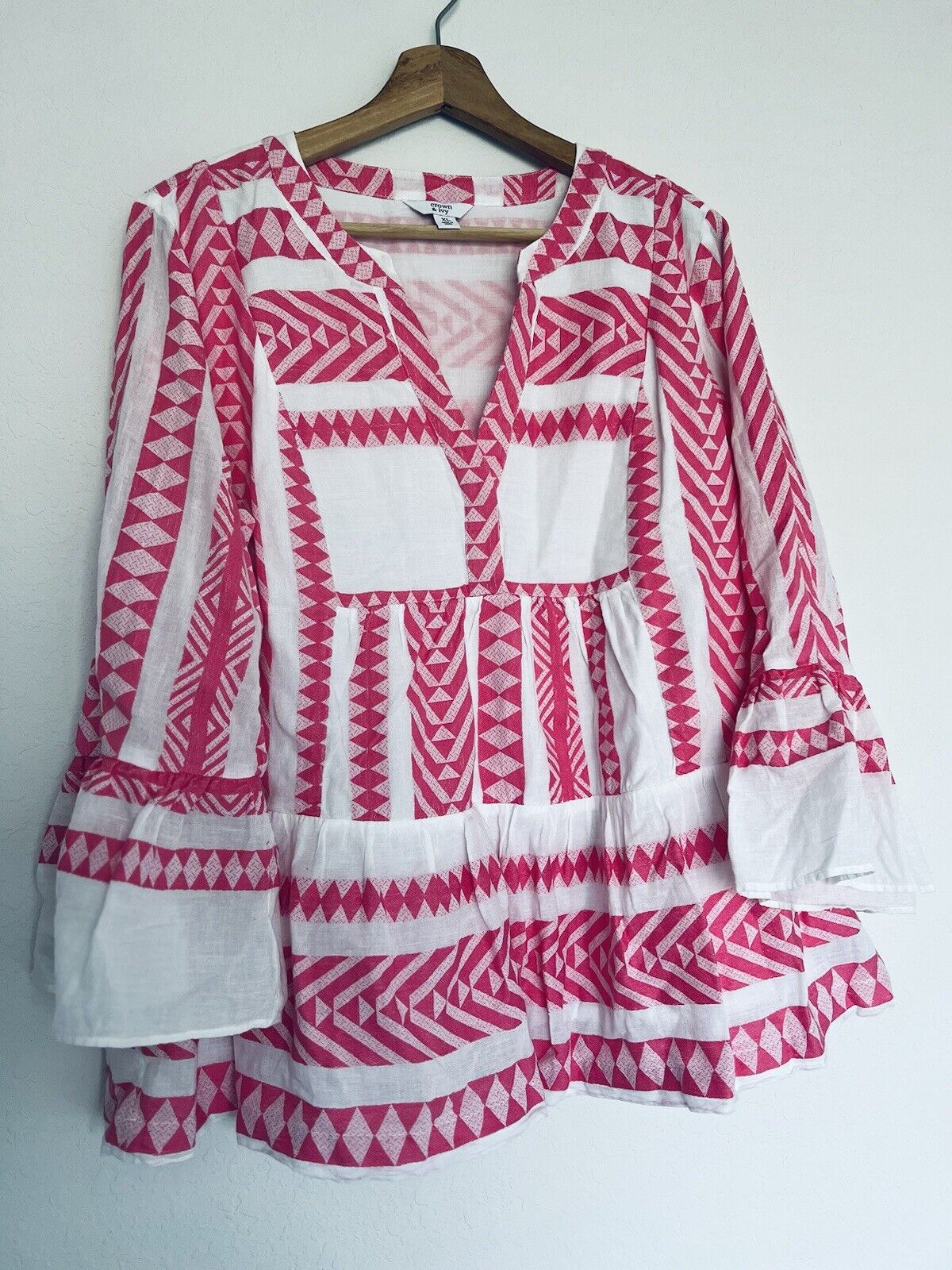 CROWN & IVY Aztec Woven Tunic Top Sz XL Babydoll Pink Southwestern Boho