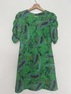 ZARA Green Paisley Leaf Short Mini Dress Sz S Ruched Puff Sleeves