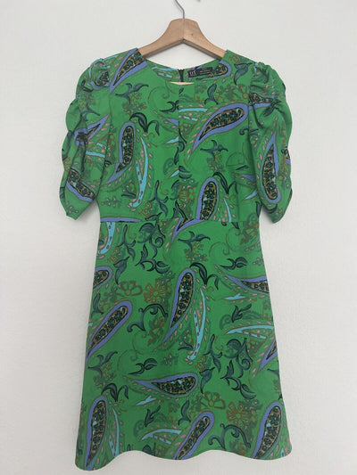 ZARA Green Paisley Leaf Short Mini Dress Sz S Ruched Puff Sleeves