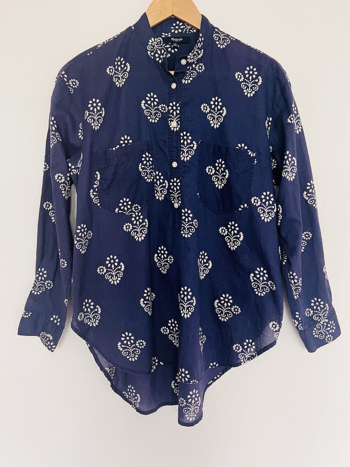 MADEWELL Popover Tunic Blouse Sz M Mock Neck Long Sleeve Floral Navy Blue