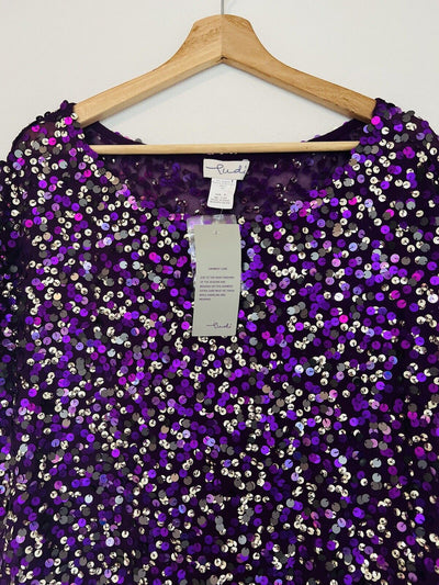 LUDI Sequins Cap Sleeve Blouse Sz M Purple Lined Shiny Party Dance Glitzy Formal