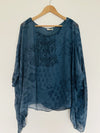 AMBRA 100% Silk Floral Tunic Blouse 3/4 Sleeve Blue Paisley Poncho Style Boho