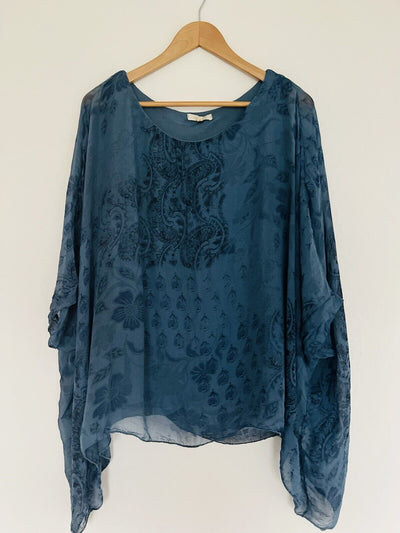 AMBRA 100% Silk Floral Tunic Blouse 3/4 Sleeve Blue Paisley Poncho Style Boho
