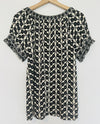 Max Studio Floral Print Blouse Sz L Cream/Black Tie Smock Neck Rayon Blend Boho
