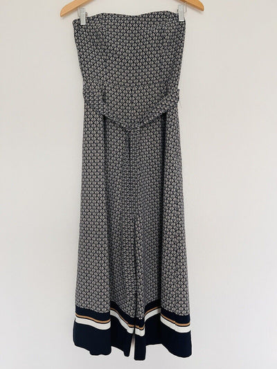 H&M Pattern Print Strapless Jumpsuit Sz 6 Blue Tie Waist Wide Leg