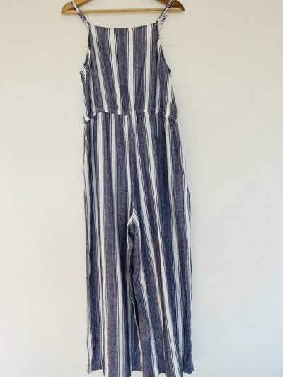 LOFT NWT Linen Blend Wide Leg Jumpsuit Sz L Khaki Blue Striped Minimalist Boho