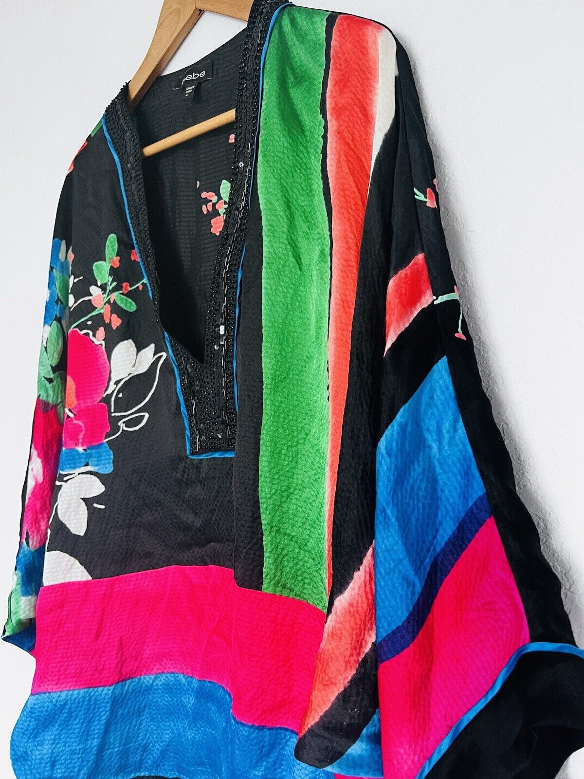 BEBE 100% Silk Embellished Tunic Dress  Sz MColorful Bat Sleeves Flowy Artsy 90s