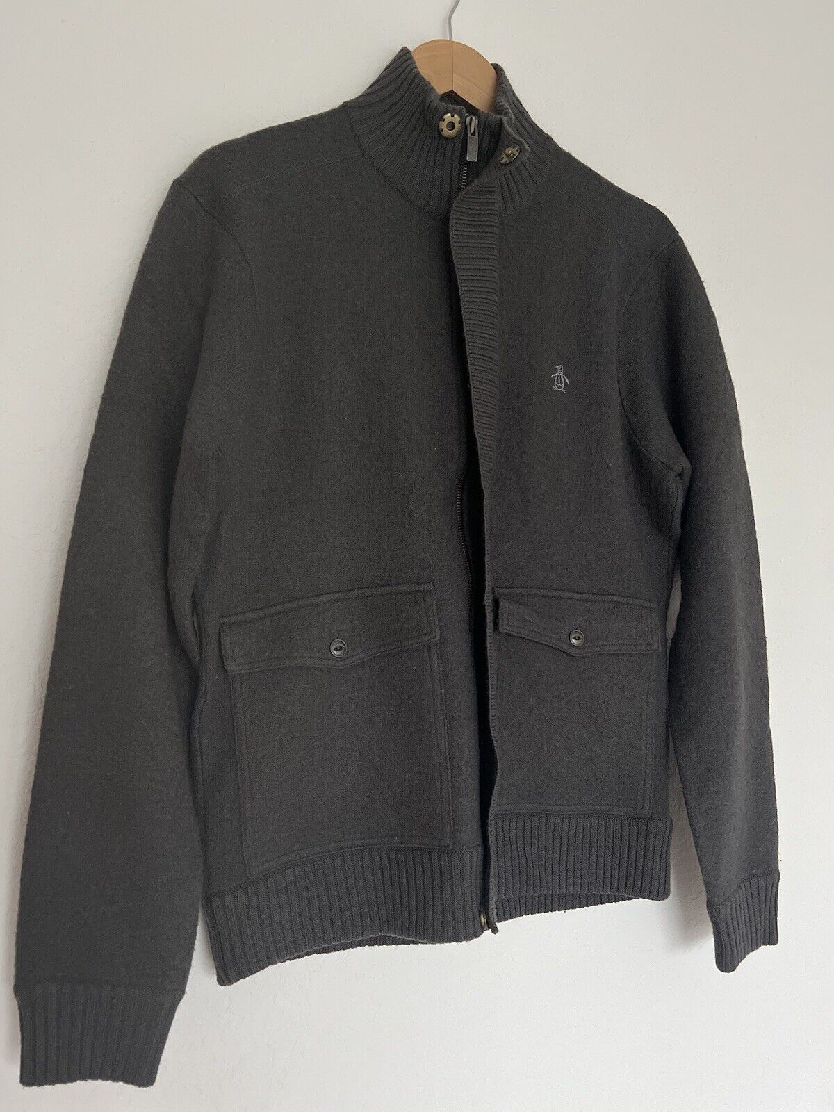 PENGUIN 100% Wool Sweater Sz M Gray Zip Mock Neck Chore Pockets Academia