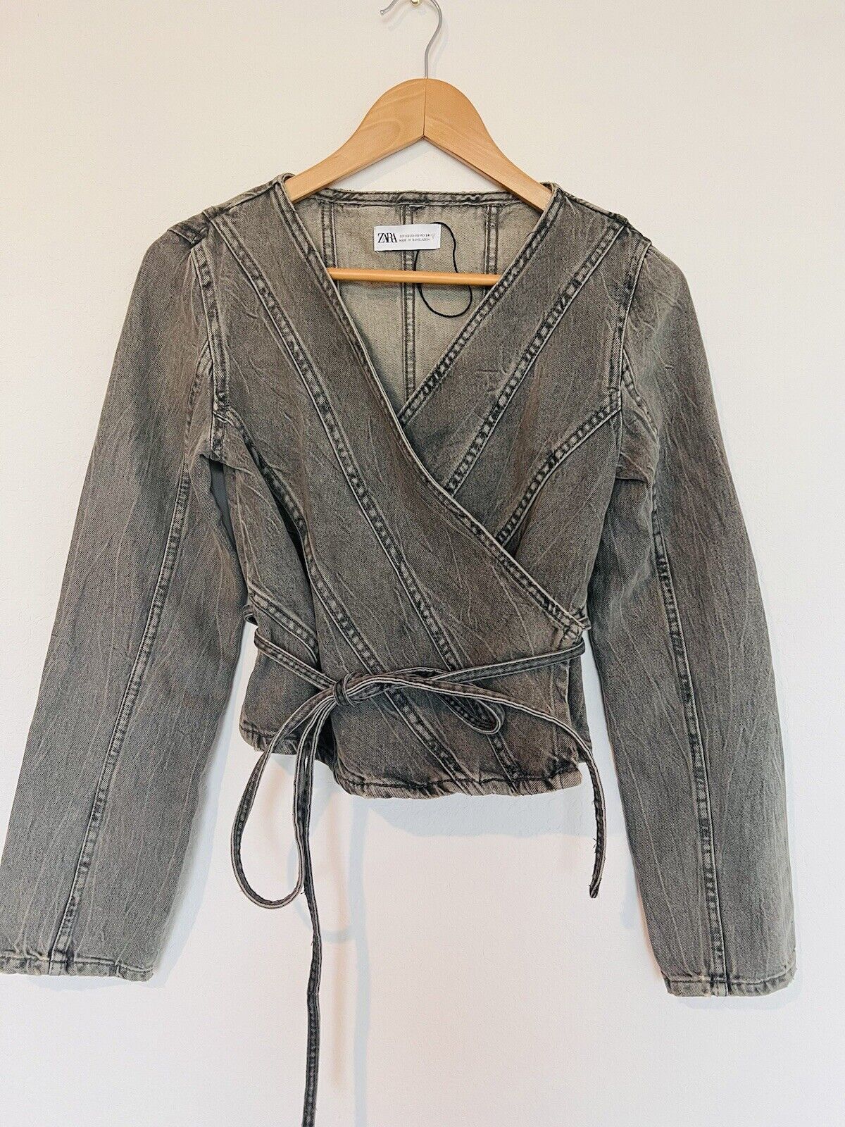 ZARA Womens Tie Wrap Front Gray Denim Top Sz XS Gray Shirt Long Sleeve Y2K