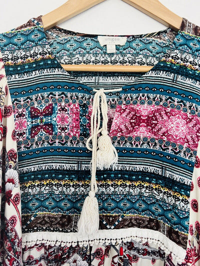 UMGEE Cream Floral Babydoll Dress Sz L Tassel Balloon Sleeves Crochet Tunic Boho