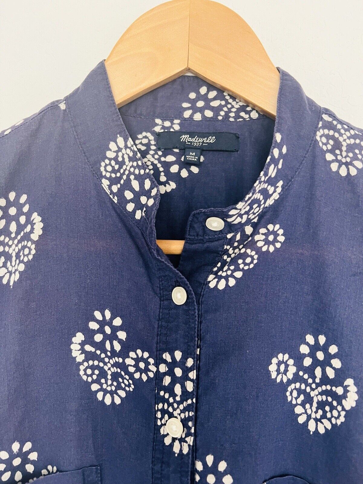 MADEWELL Popover Tunic Blouse Sz M Mock Neck Long Sleeve Floral Navy Blue