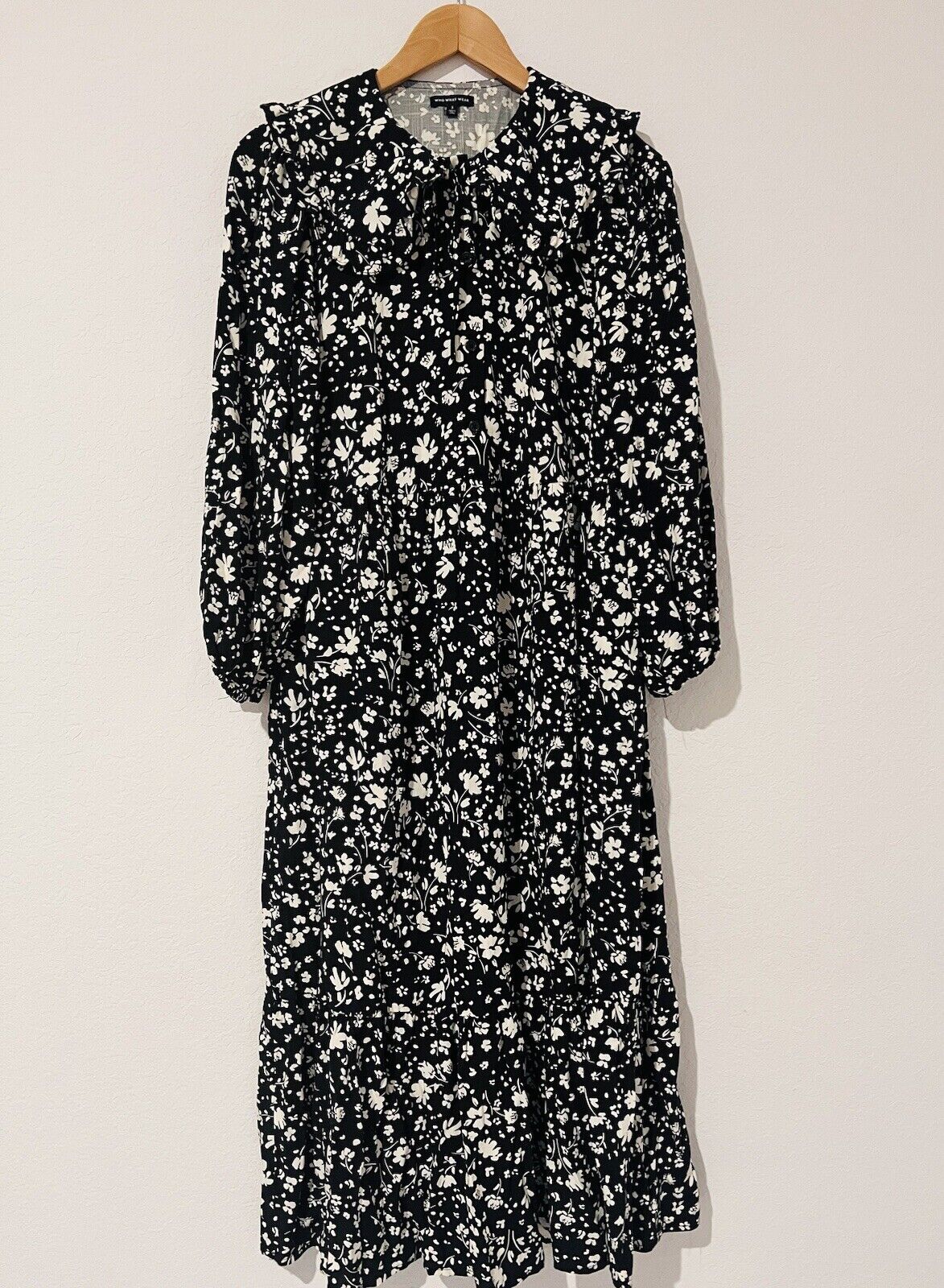 WHO WHAT WEAR Floral Maxi Dress Sz S Tie Collar Ruffle Balloon Sleeves Peasant