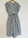 MAX STUDIO Blue Striped Midi Dress Sz M Smocked Waist Tie Pockets Hi-Low Boho