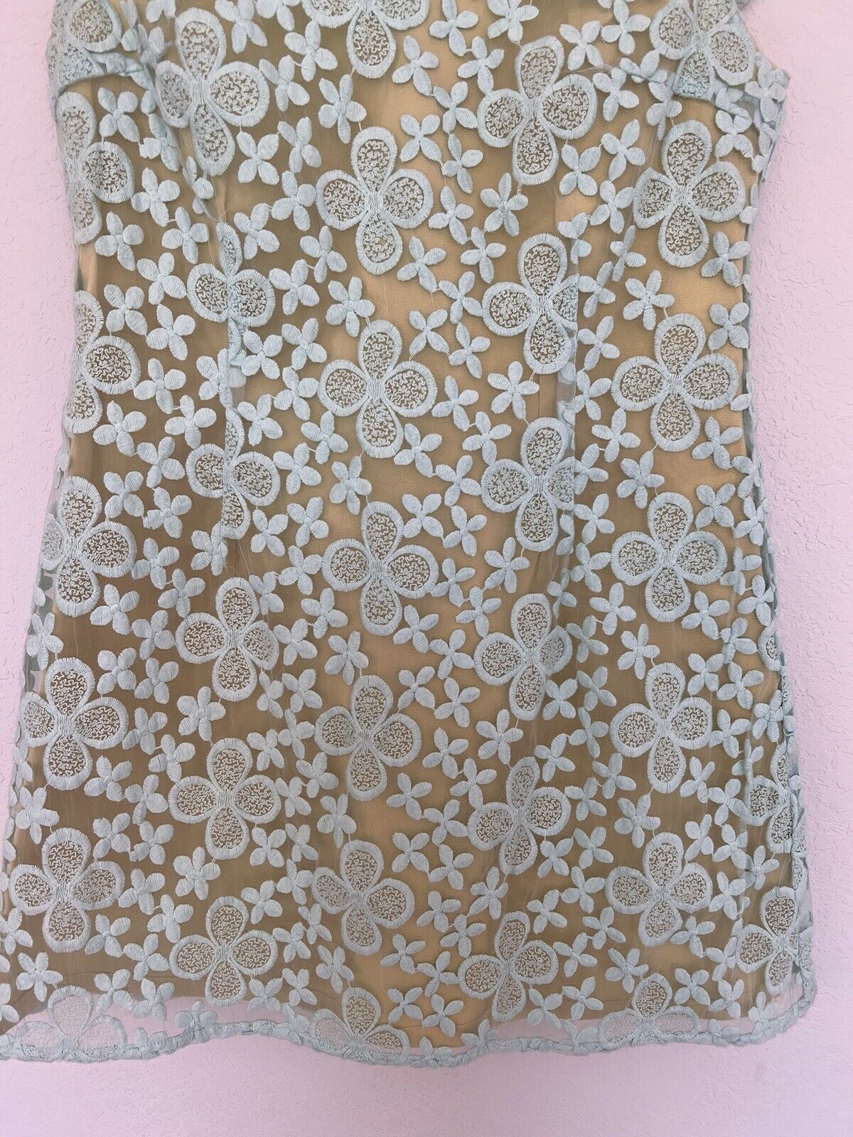 ANTHROPOLOGIE Nick & Mo Floral Blue Dress Sz S Lace Overlay 3/4 Sleeves Coquette