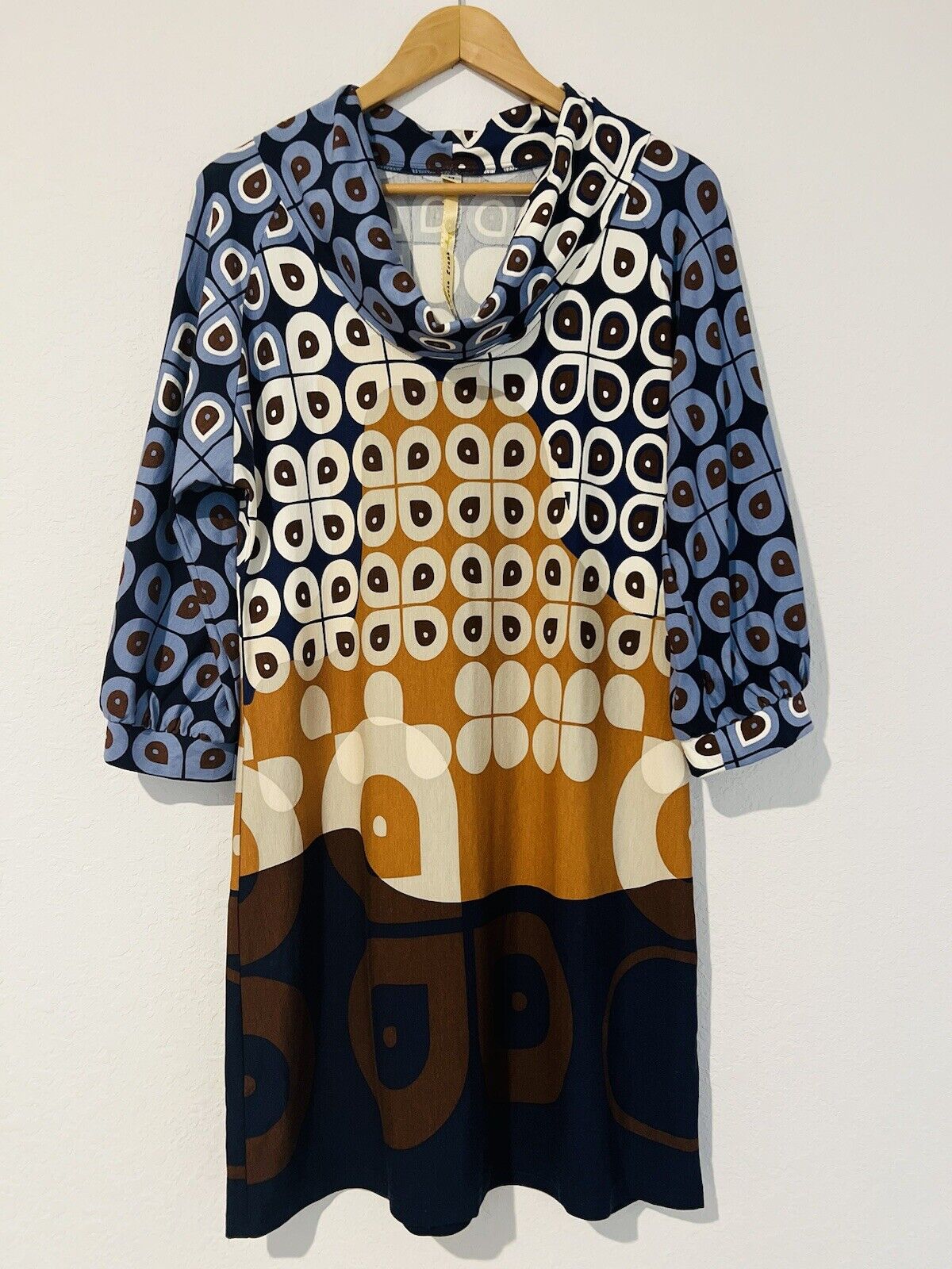 ANTHROPOLOGIE Uncle Frank Geometric Patterned Cowl Neck Dress Sz M Retro Jersey