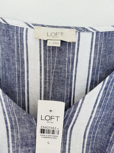 LOFT NWT Linen Blend Wide Leg Jumpsuit Sz L Khaki Blue Striped Minimalist Boho