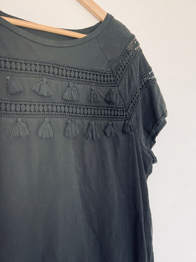 LOFT Tassel Accent Black Top Sz XL Short Sleeve Pullover Blouse Southwestern