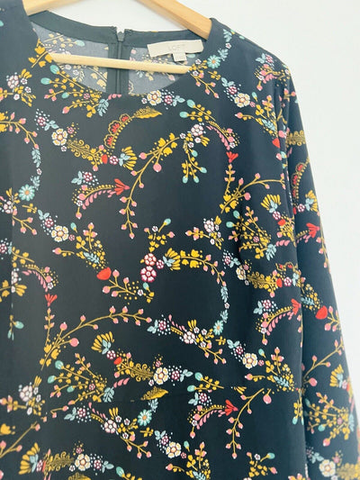 LOFT Floral Long Sleeve MIDI Dress Sz 12 Fit & Flare Zip Closure Boho