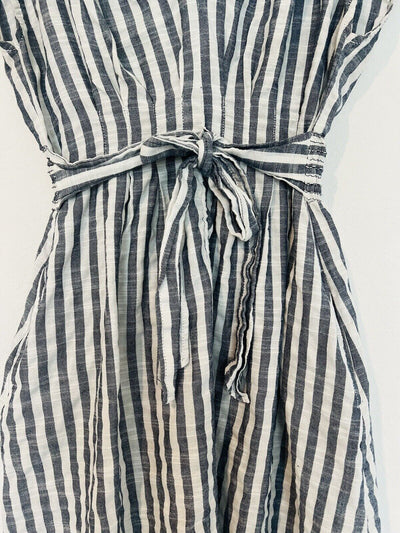 MAX STUDIO Blue Striped Midi Dress Sz M Smocked Waist Tie Pockets Hi-Low Boho