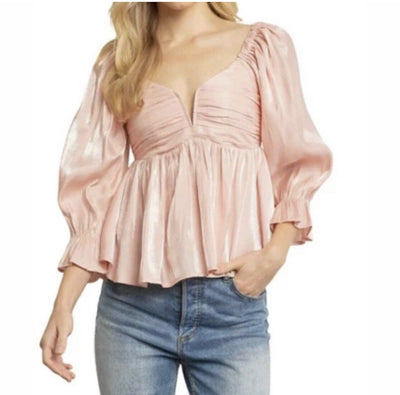 ENTRO Pink Iridescent Smocked Blouse 3/4 Bell Sleeve Babydoll Fairy Top Boho