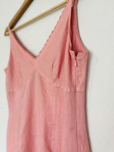 ANN TAYLOR 100% Linen Coral Slip Dress Sz Pleated V-Neck A-Line Minimalist