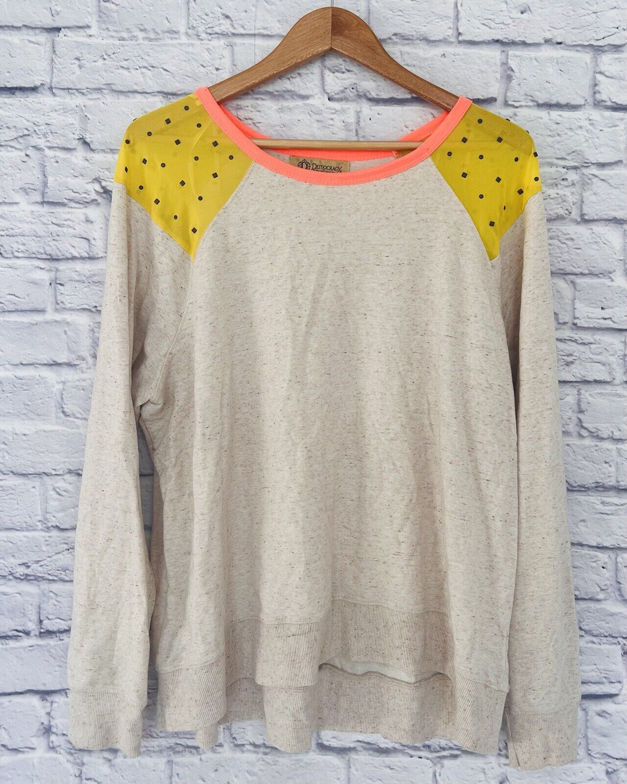 DEMOCRACY Womens Sweatshirt Sz 2X Tan Sheer Shoulder Detail Artsy Relaxed