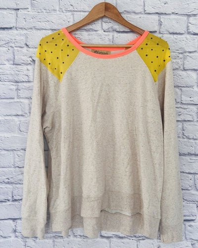 DEMOCRACY Womens Sweatshirt Sz 2X Tan Sheer Shoulder Detail Artsy Relaxed