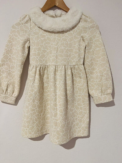 JANIE AND JACK Woven Girls Dress Sz 7 Heavy Knit Gold Detail Faux Fur Easter