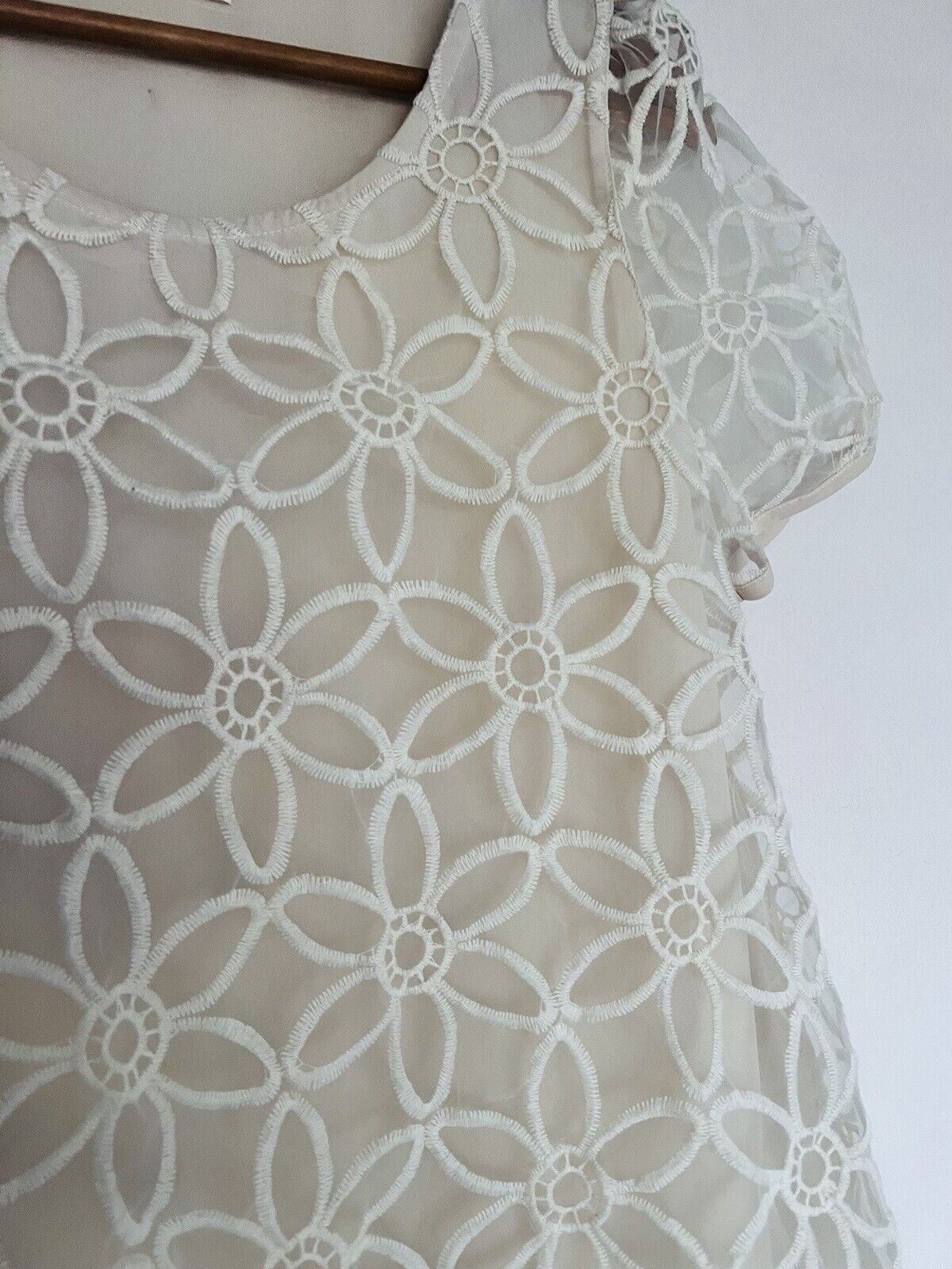 PAZZO Floral Crochet Lace Overlay Blouse Ivory Sz S Short Puff Sleeves Boho Top