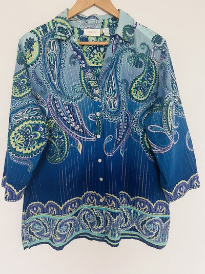 CHICO’S Paisley Blouse Sz Large Blue Lightweight Cotton Metallic Stripe Large