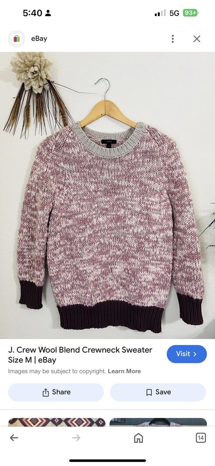 J. CREW Wool Blend Sweater Sz M Crewneck Pink 3/4 Sleeves