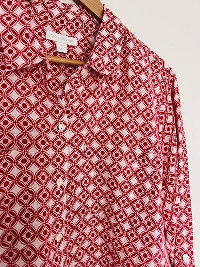 CHARTER CLUB 100% Linen Geometric Top Sz XL Long Sleeve Botton Up Red Shirt