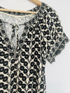 Max Studio Floral Print Blouse Sz L Cream/Black Tie Smock Neck Rayon Blend Boho