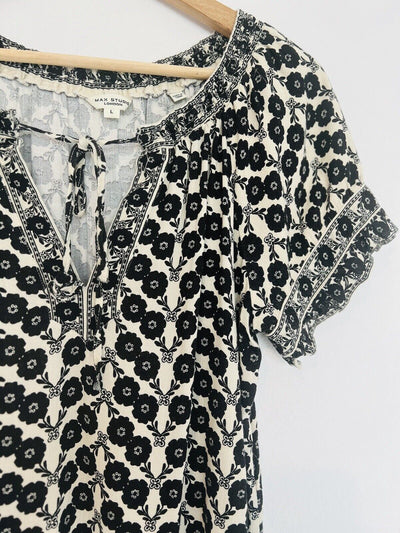 Max Studio Floral Print Blouse Sz L Cream/Black Tie Smock Neck Rayon Blend Boho