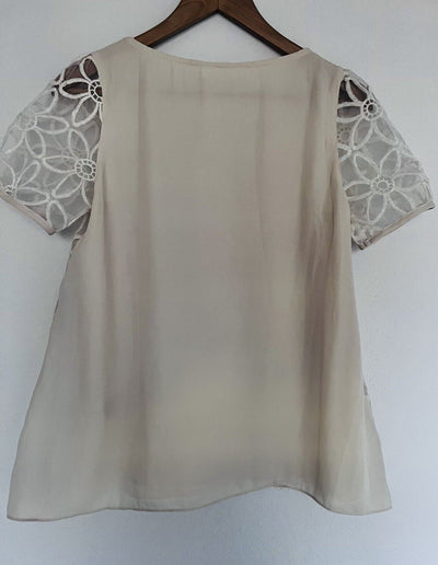 PAZZO Floral Crochet Lace Overlay Blouse Ivory Sz S Short Puff Sleeves Boho Top