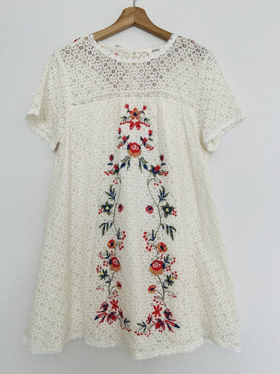 UMGEE Crochet Floral Mini Dress Sz M Ivory Embroidered Cottagecore Boho Western