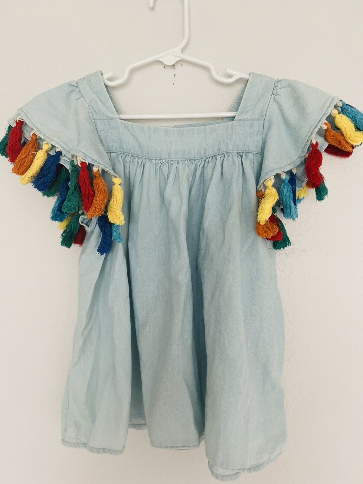 TUCKER + TATE Girls Blue Tassel Flutter Sleeve Top Sz 7 Multicolored Kids Boho