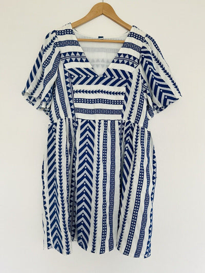 OLD NAVY Woven Dress Sz L Short Sleeve Pockets Aztec Boho Southwestern Tunic