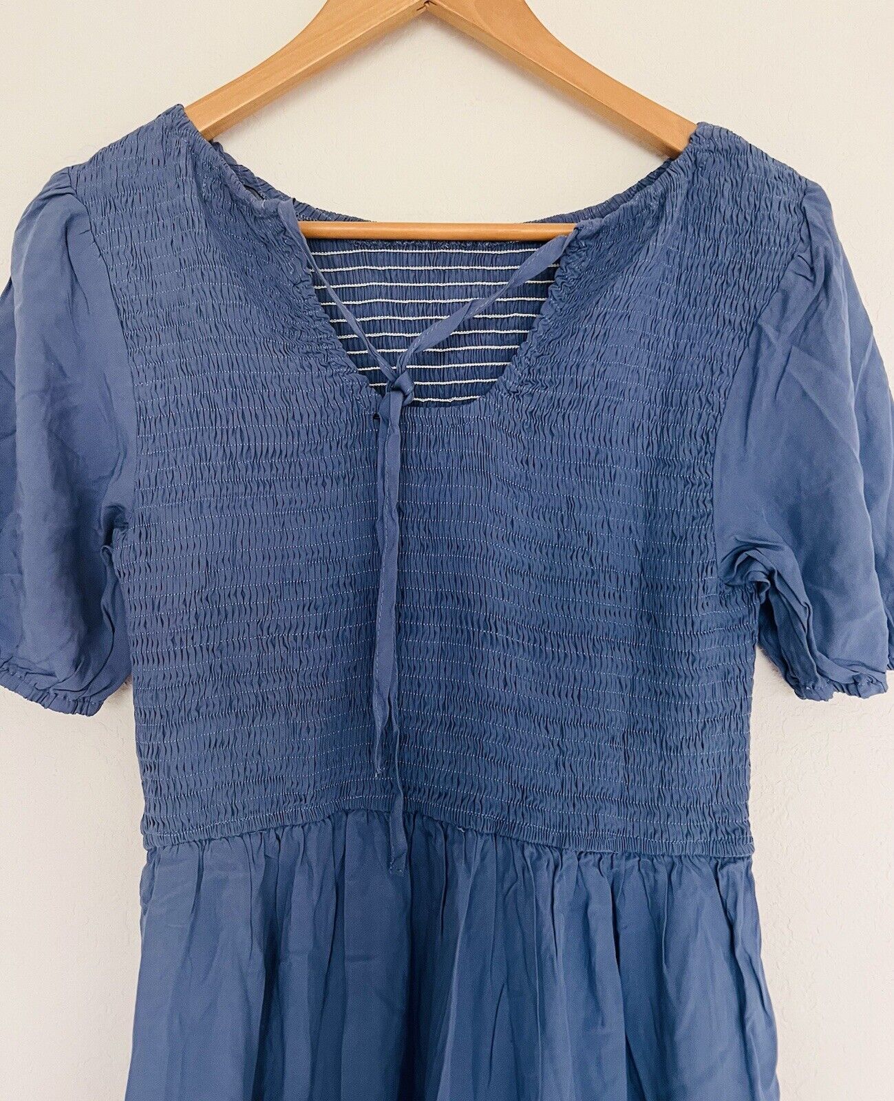 UNBRANDED Smocked Tiered Maxi Dress Sz L Blue Puff Sleeve Long Peasant Boho